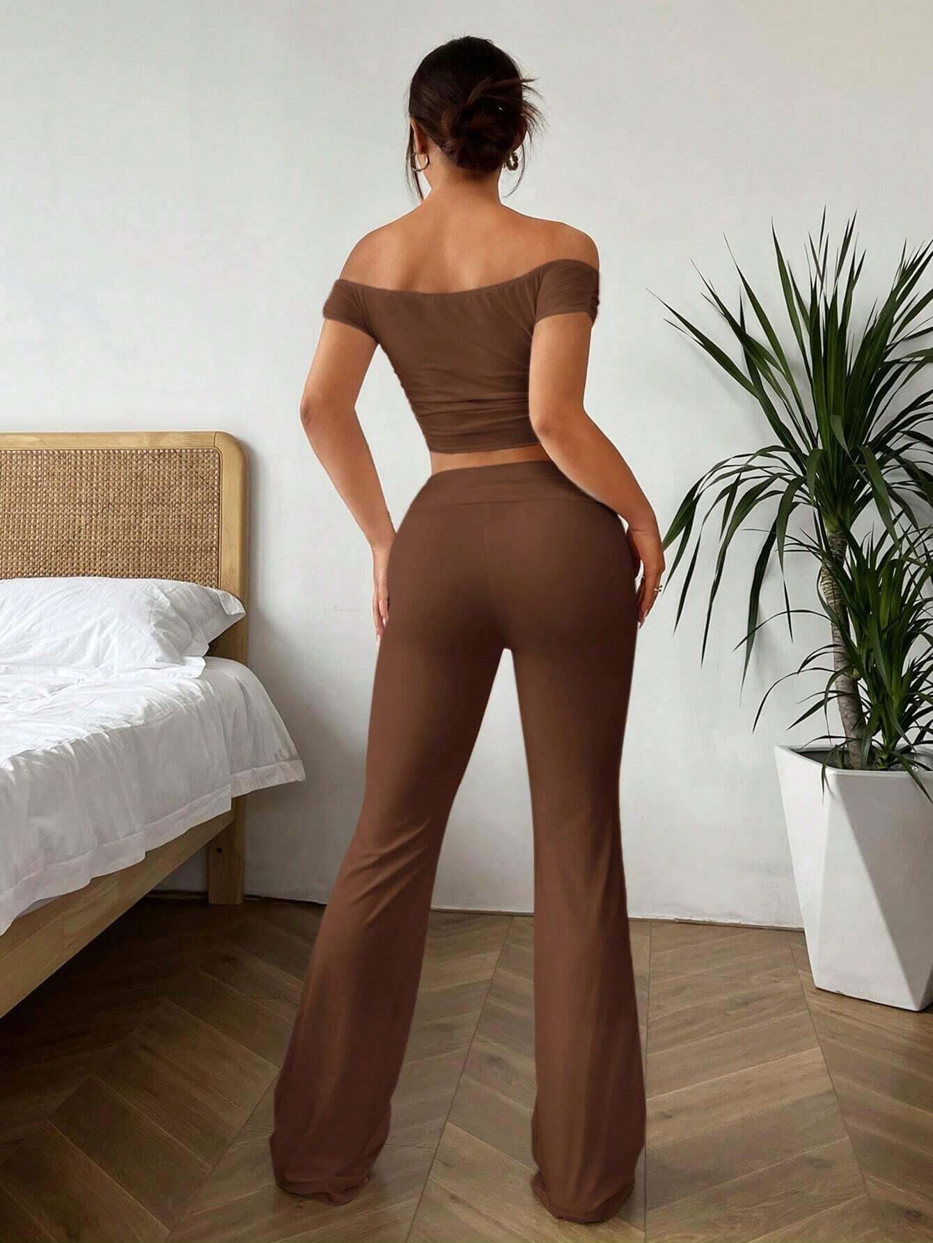 Axon Ezwear Solid Color Top and Pants Set | 2Pcs / Brown