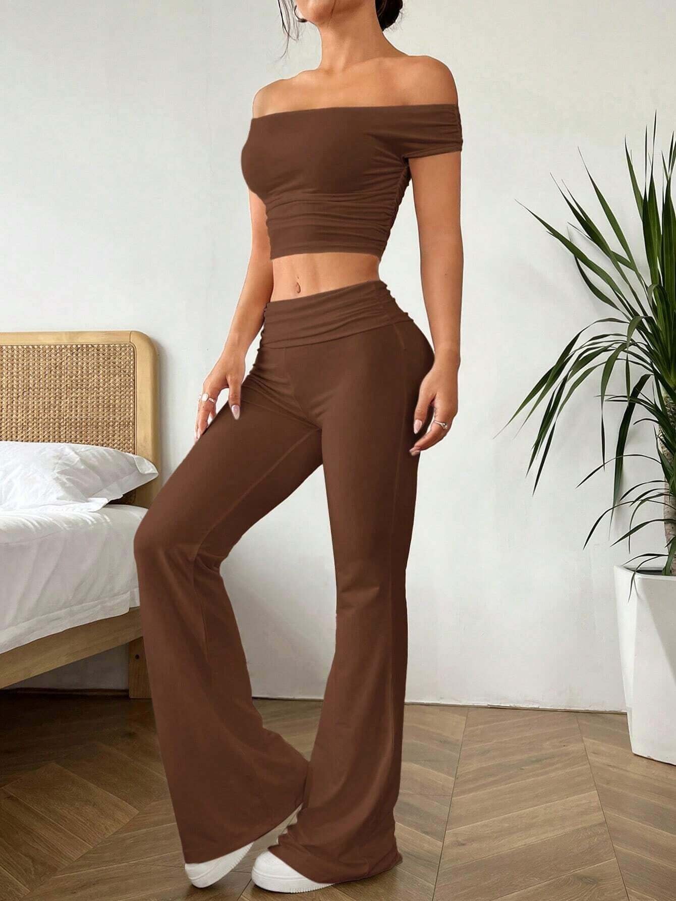 Axon Ezwear Solid Color Top and Pants Set | 2Pcs / Brown