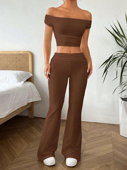 Axon Ezwear Solid Color Top and Pants Set | 2Pcs / Brown